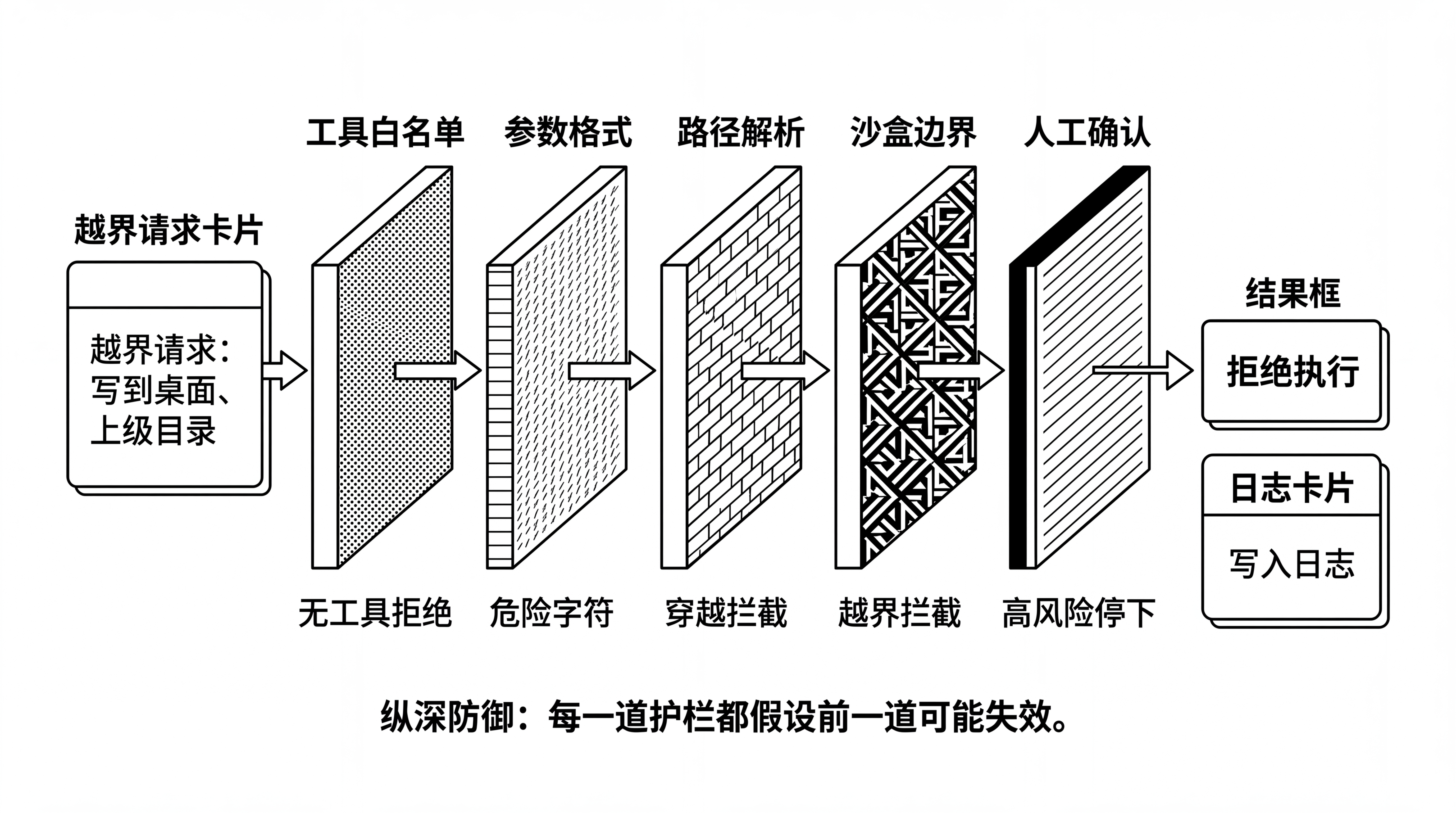 图10-2 越界请求的纵深防御：不同风险由不同护栏拦截